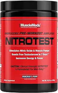 MuscleMeds Nitrotest Pre-Workout Supplement Drink, Boost Nitric Oxide, Testosterone, Rocket Pop, 30 Serve, 1.03 Pound, 1 Conte
