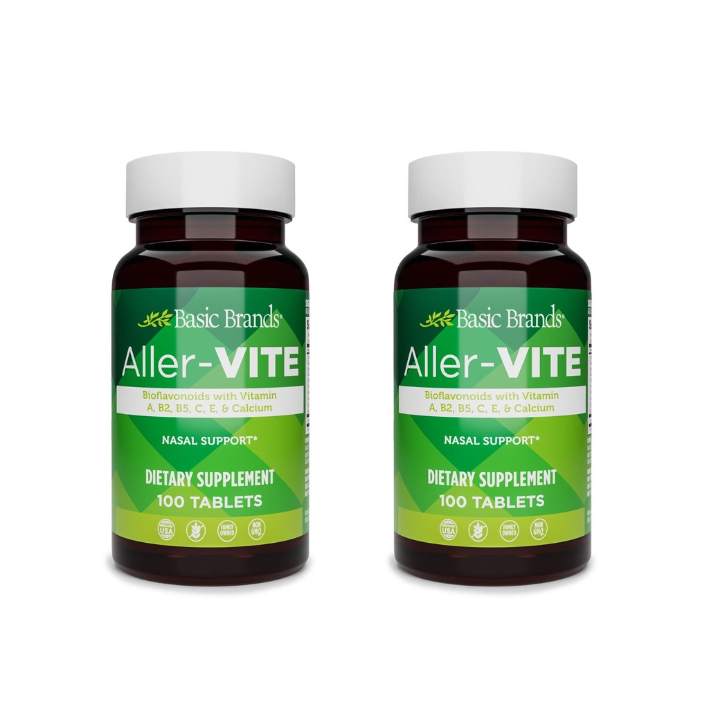 Aller-Vite - Compresse Natural Allergy Relief - Supporto omeopatico Sinus & Nasal con Bioflavonoidi, Vitamine A, B2, B5, C, E & Calcium - 100 Compresse Vegan - 2-Pack
