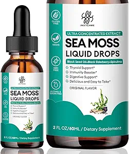 iMATCHME Sea Moss Black Seed Oil for Immune System, Gut, Skin & Energy, 7 en 1 Sea Moss complexe goutte liquide avec Spiruline, Black Elderberry, Burdock Root, Bladderwrack, Dragon Fruit Flavor, 2 Fl Oz