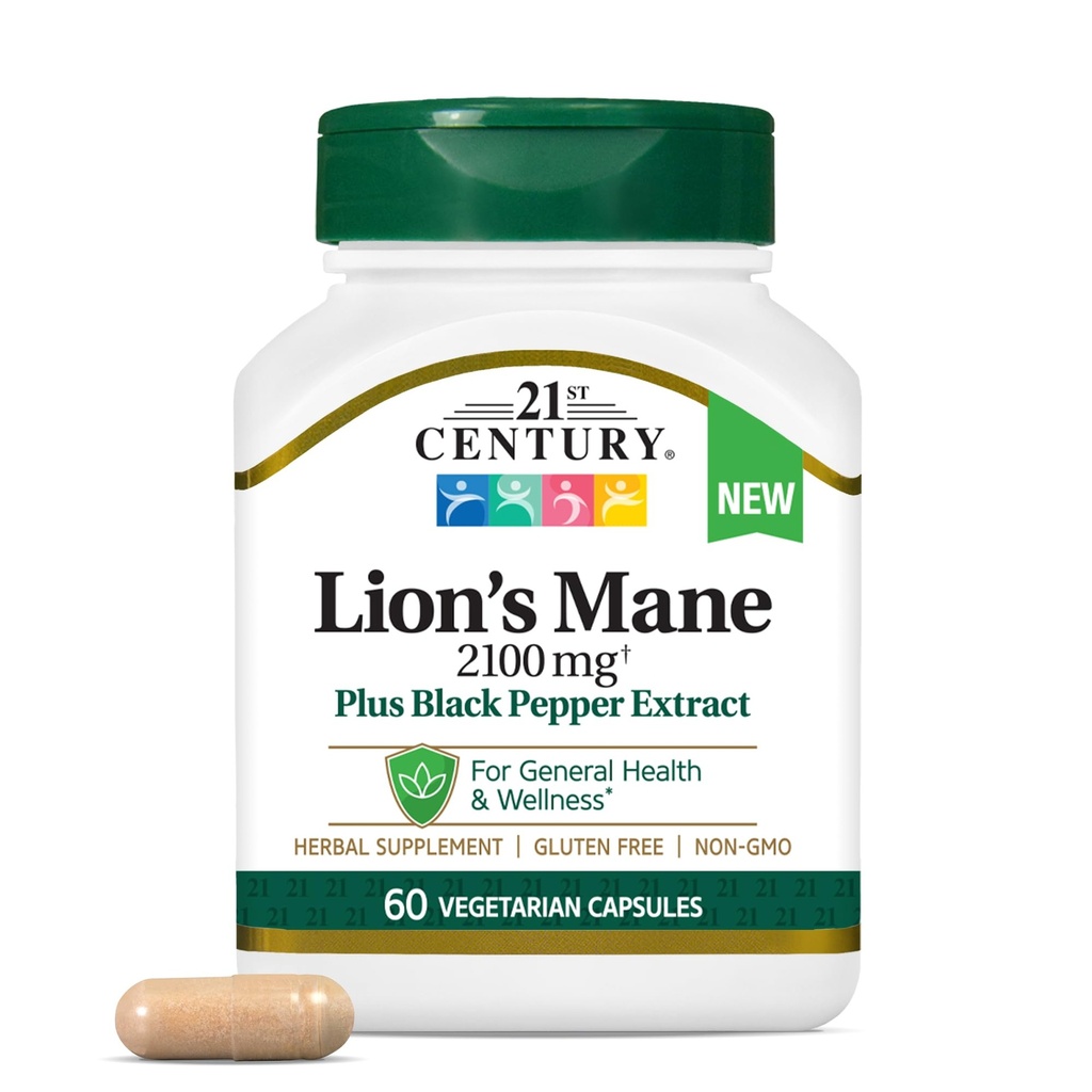 21st Century Lion's Mane 2,100 mg, Plus Black Pepper Extract, Capsule Vegetariani, 60 Conte