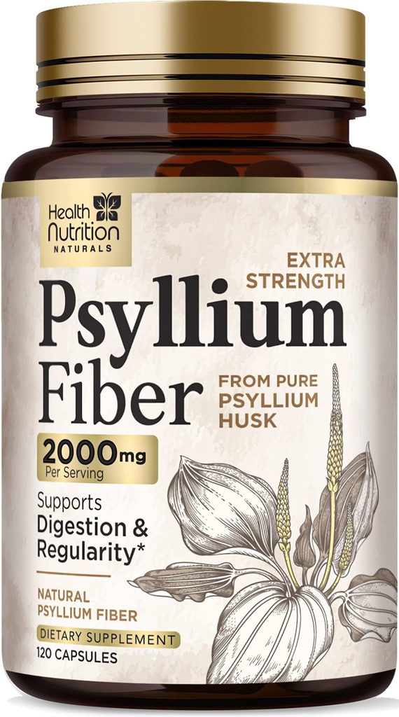 Psyllium Husk Capsules 1500 mg - Pilules de supplément de fibre naturelle, Digestion quotidienne, santé des colonies et soutien à la régularité, Psyllium Husks à base végétale Bouchons en poudre, Vegan, Non-OGM - 120 Capsules Veggie
