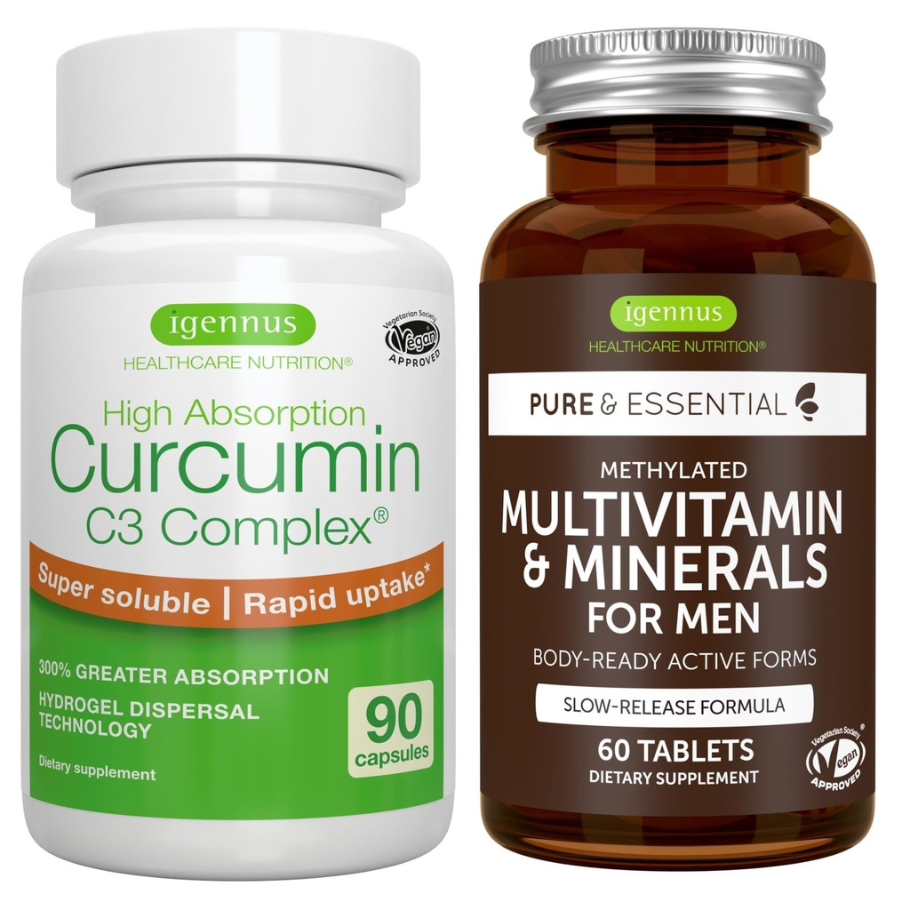 Multivitamine & Minéraux pour les hommes + Complexe de Curcumine haute absorption C3, ensemble végétalien, libération prolongée Multivitamine avancée + 300% Curcuminoïdes d'absorption plus grande avec prise rapide, par Igennus