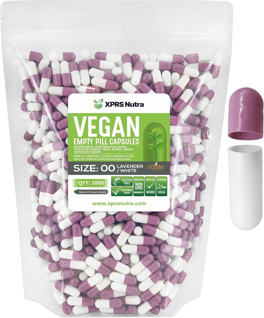 XPRS Nutra Size 00 Empty Capsules - 1000 Count Empty Vegan Capsule - Pillole Vuoto Vegetariano - DIY Capsule Verdura Filling- Veggie Pillole Caps (Lavender/White)