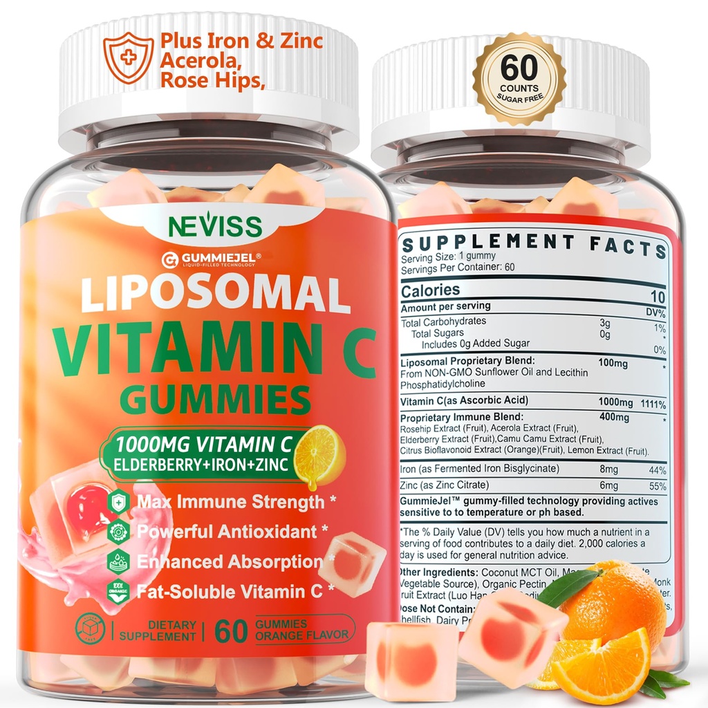 Liposomale Vitamin C 1000mg Gummi für Erwachsene - Vitamin C Kaubar mit Elderberry, Zink & 8mg Eisen, Zucker freie Vit C Beilagen, Tägliche Immununterstützung Gummi für Energie, Collagen Booster 60 Zähler