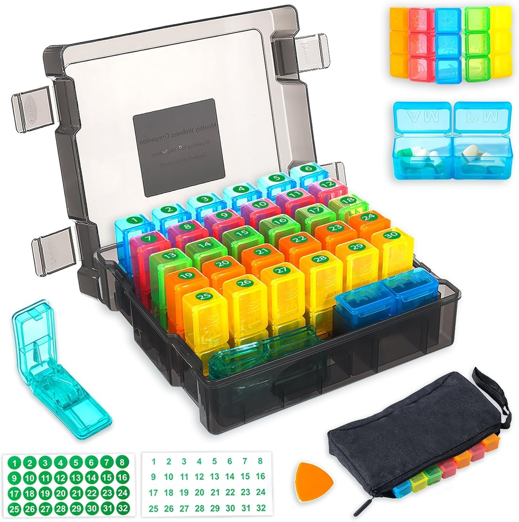 Monthly Pill Organizer 2 fois par jour avec boîte étanche de 31 jours, sac à pilule hebdomadaire, pince à pilules, pic d'ouverture en plastique pour une utilisation facile, grande capacité pour la gestion des médicaments pratiques (noir)