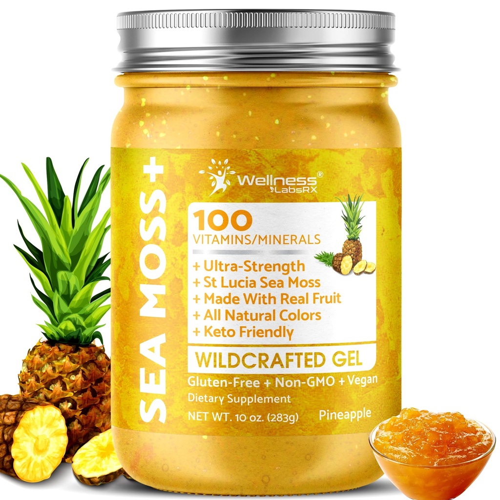 WELLNESS LABSRX Irish Sea Moss Gel Raw - Gel de mass, de mass, d'ananas, de vitamines et de minéraux de Pristine Caribbean Waters, Immune and Digestive Health Support - 10 oz.