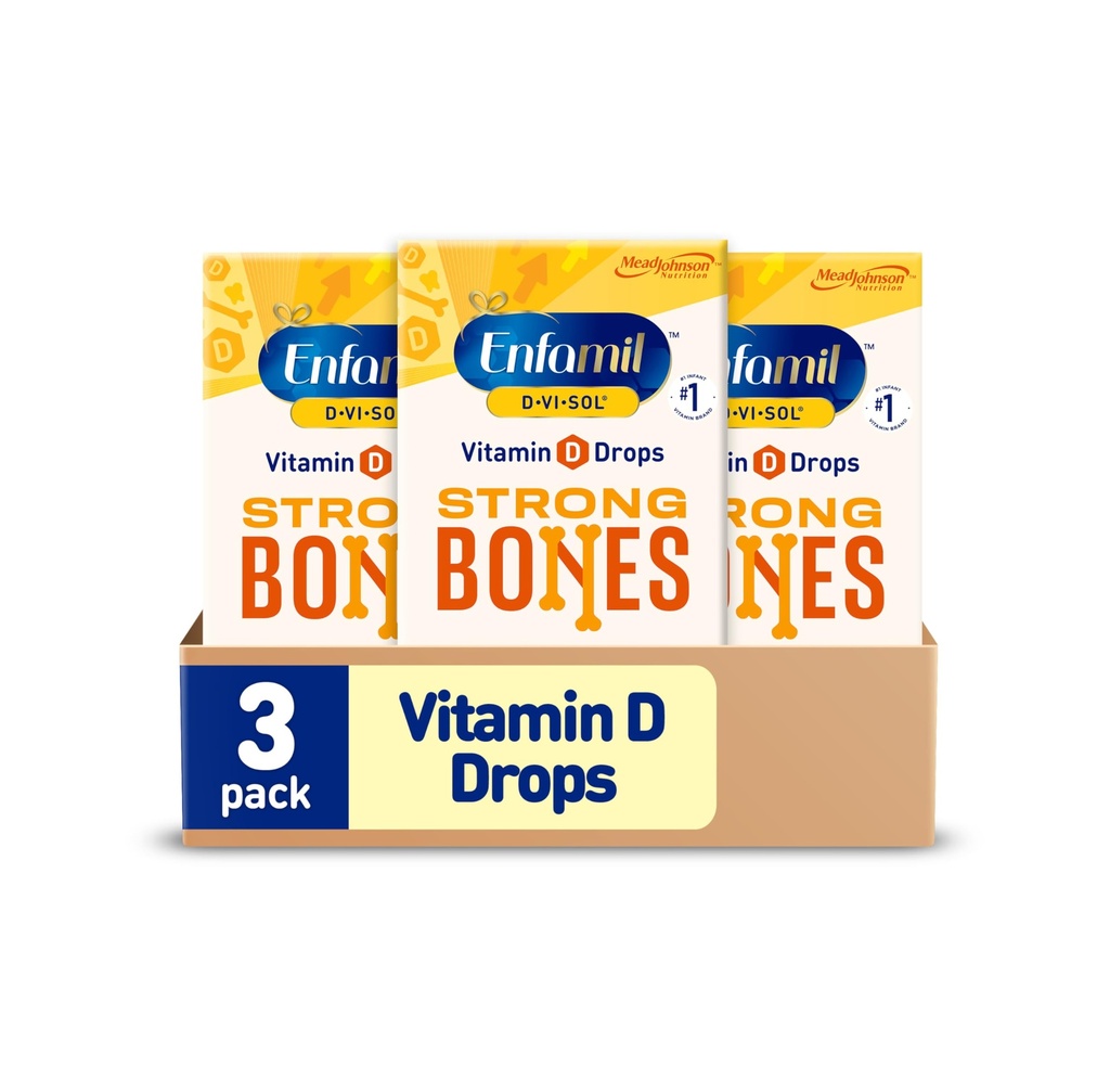 Enfamil Baby Vitamin D-Vi-Sol Vitamin D Flüssige Ergänzung Tropfen für Infants, Unterstützung starker Zähne & Knochen in neugeborenen Babys, einfach zu bedienen, Glutenfrei, 50 mL Dropper Flasche, Packung von 3