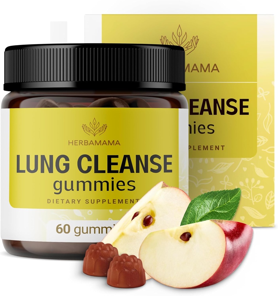 HERBAMAMA Lung Detox Gummies - Complexe à base de plantes avec mélange de champignons pour le nettoyage du poumon - Vegan, Supplément de soutien respiratoire non-OGM - 60 Pectines à base de pommes