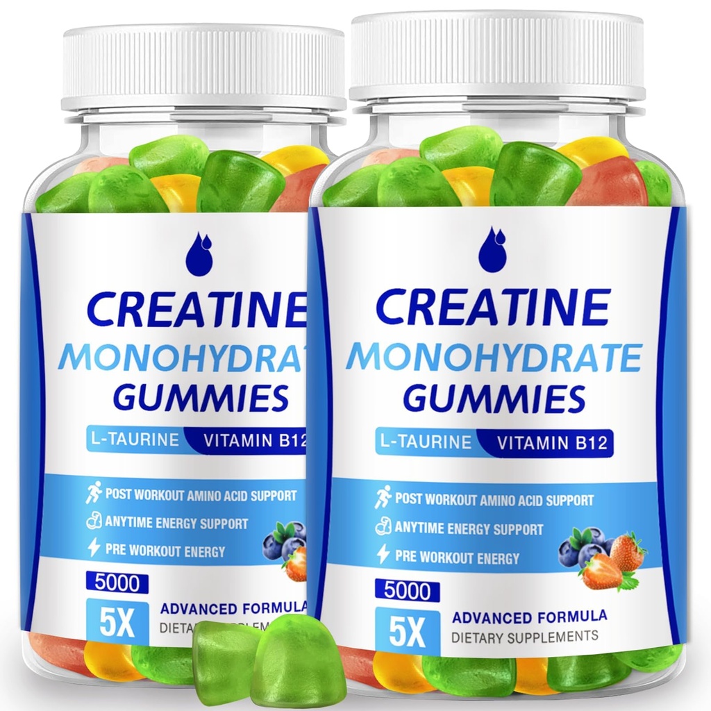 Kreatin Monohydrat-Gummi 5000mg Kreatin für Damen und Herren 2 Packungen, Kreatin Monohydrate Kaue für Boost Focus, Muskelkraft, 5g Kreatin Monohydrat pro Servierung, Zuckerfrei, Vegan