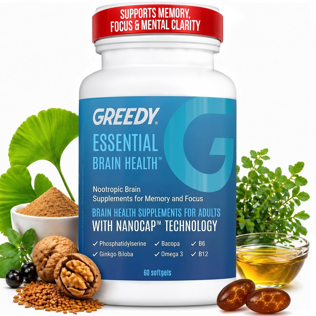 Nootropic Brain Ergänzungen für Gedächtnis und Fokus – Brain Health Supplements für Erwachsene mit NanoCap® Technologie, Phosphatidylserine, Bacopa, Ginkgo Biloba, Omega 3, B6 B12, 60 Softgels von Greedy®