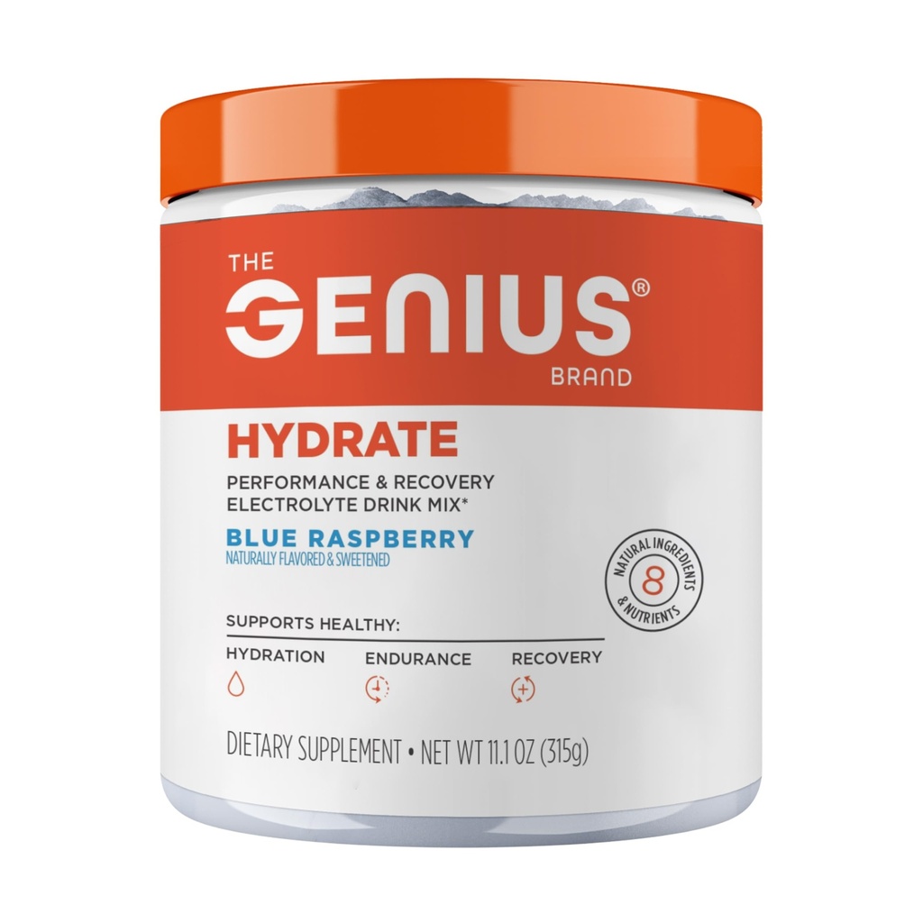 The Genius Brand Genius Hydrate - Supplément électrolytique pour l'hydratation quotidienne - Eau de coco - Sans sucre - 8 minéraux et nutriments essentiels - Non-OGM - Framboise bleue - 50 portions