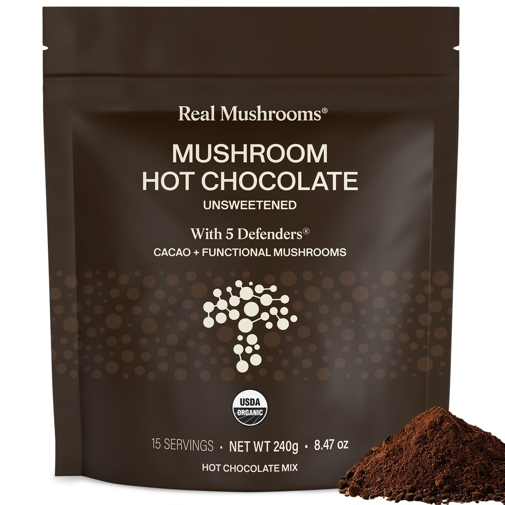 Véritable mélange de chocolat chaud non sucré avec 5 défenseurs – Reishi, Chaga, Turquie Tail, Maitake, Shiitake – Coco en poudre non sucré – supplément en poudre de cacao biologique, végétalien, 15 portions