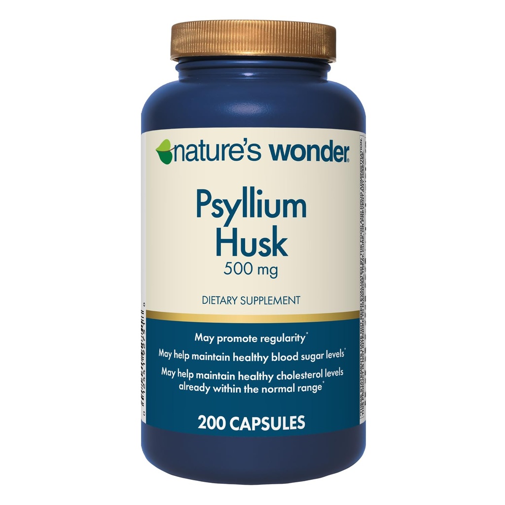 Wonder Nature Psyllium Husk 500 mg Capsules pour la santé digestive, fibre végétale, 200 Compte