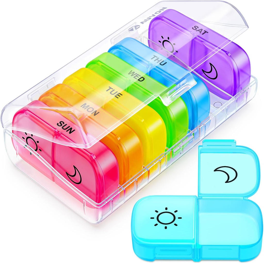 AUVON XL Weekly Pill Organizer 2 Mal am Tag mit großer Öffnung für einfache Füllung, AM PM Pille Box 7 Tage in Regenbogenfarben, Portable Travel Pille Fall für Medikamente, Vitamine, Fischöle, Ergänzungen