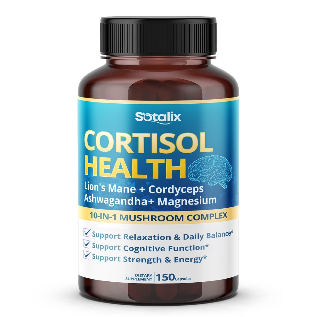 Integratore Salute Cortisol con Magnesio, Ashwagandha, Lion’s Mane & 10 Mushroom Complex – Relax, Focus & Energy Support – 150 Capsule – Sotalix – USA Made, OGM-Free