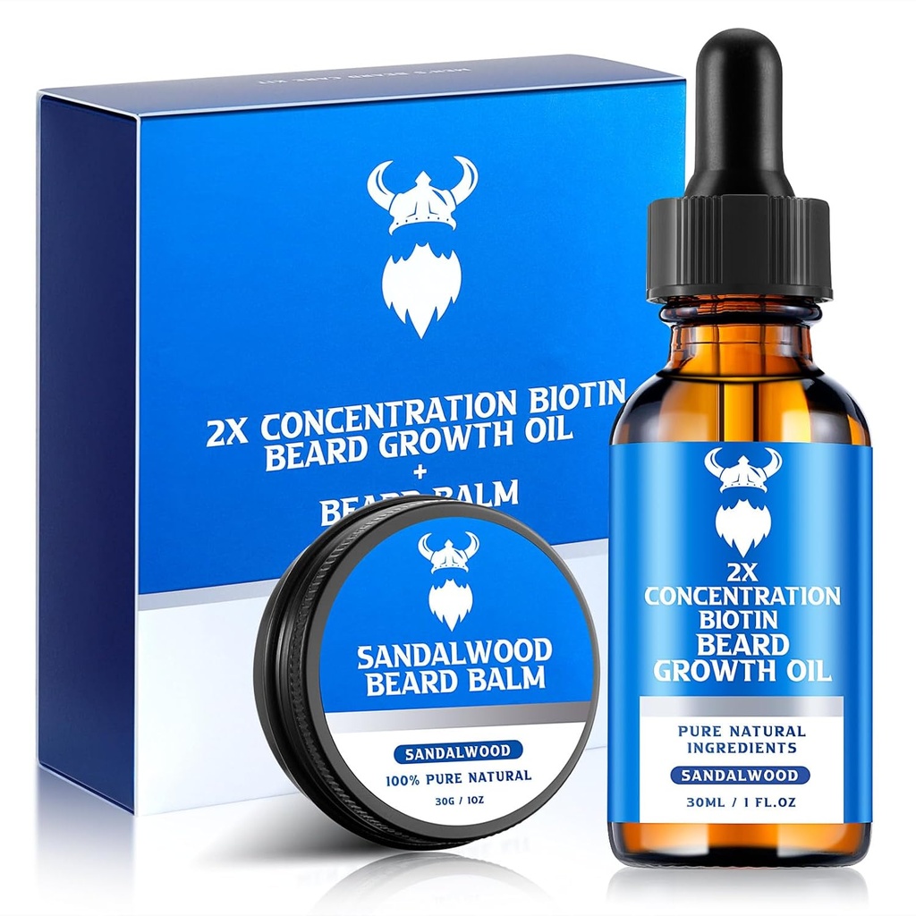 Bart Growth Oil & Bart Balm - Bart Growth Kit mit 2X Konzentration Biotin für Männer, natürliche Inhaltsstoffe mit Argan Öl, Jojoba Öl und Vitamin (Sandalwood)