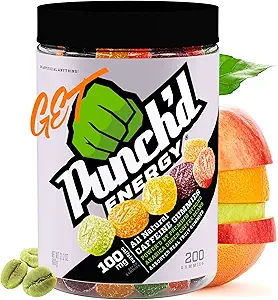 Punch'd Energy Natural Caffeine Gummies (200 Conte Value Jar) 100mg di caffeina per 10 Gummies, Etichetta pulita, Ultra Low Glycemic, Calorie bassa, Vitamina C