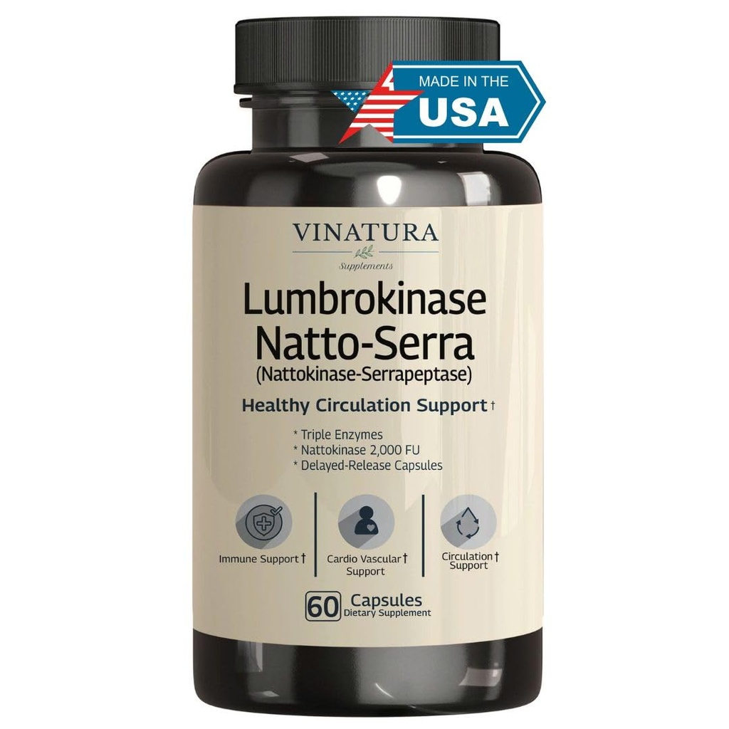VINATURA Lumbrokinase, Nattokinase 2000FU & Serrapeptase - USA Made & Tested, Integratori di Circolazione di Nattokinase Serrapeptase (Natto-Serra), Rutin, Beetroot, Lumbrokinase Supplemento