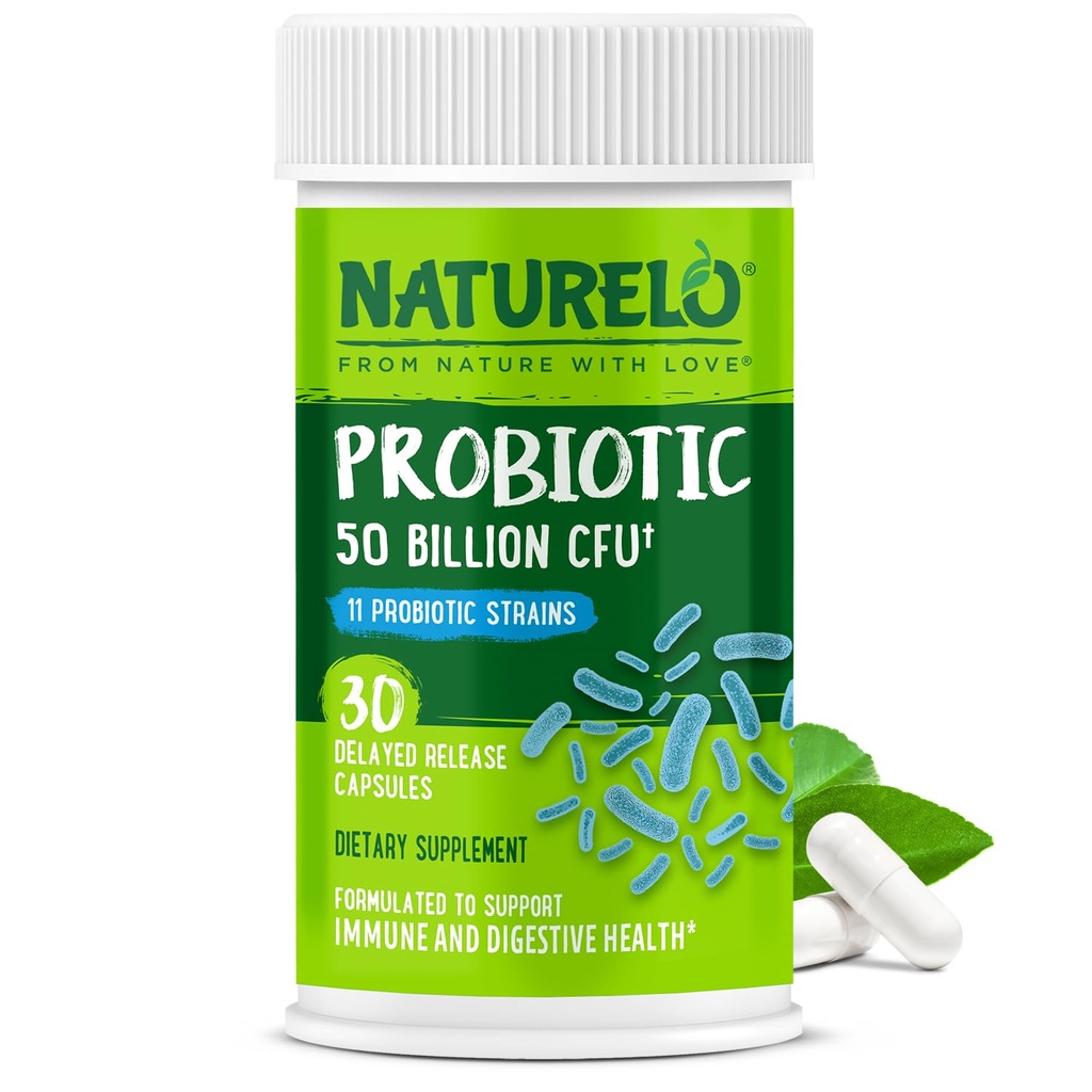 NATURELO Probiotici per la salute digestiva - 50 miliardi di CFU, 11 Strains Supplemento giornaliero - Migliora il sistema immunitario, rilascio ritardato, 30 capsule vegetariane
