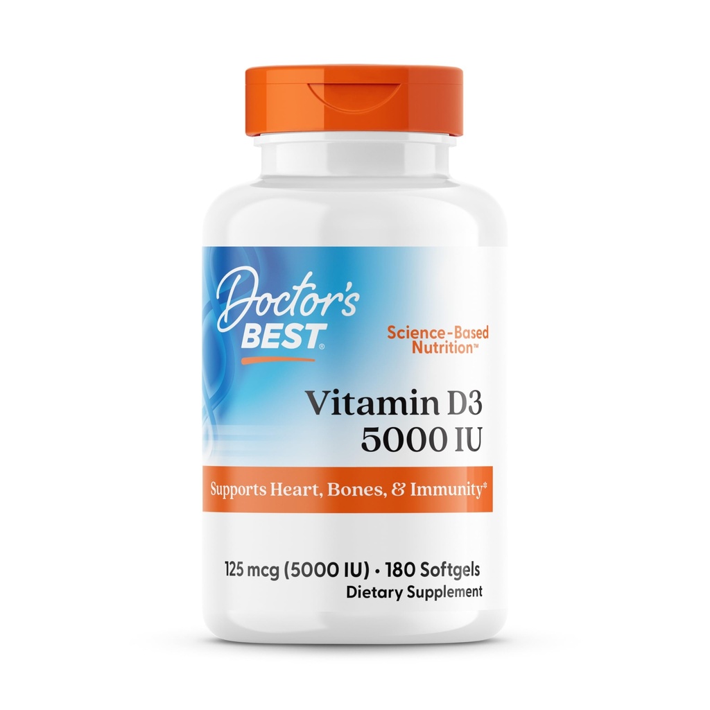 La meilleure vitamine D3 5000UI, sans OGM, sans gluten et sans soja, régule la fonction immunitaire, soutient les os sains, blanc, sans saveur, 180 comte