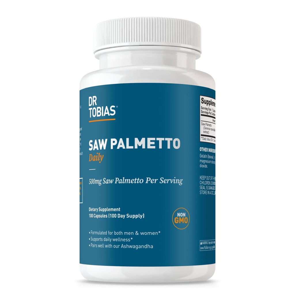 Dr Tobias Saw Palmetto Supplément, soutient la santé urinaire, l'équilibre hormonal, la santé de la prostate et la vitalité des cheveux, Saw Palmetto pour les hommes et les femmes, 500mg par portion - 100 capsules, 100 portions