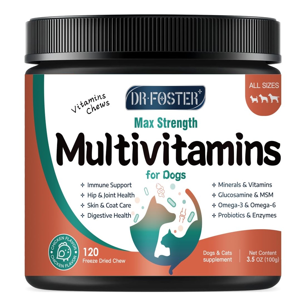 Cane Multivitaminico con Glucosamina, Omega 3, Minerali, Probiotici ed Enzimi, Vitamine di Cane e Supplementi per la cura congiunta della pelle e dei cappotti, Salute Digestiva e Immune, Pollo Flavor - 120 Chews
