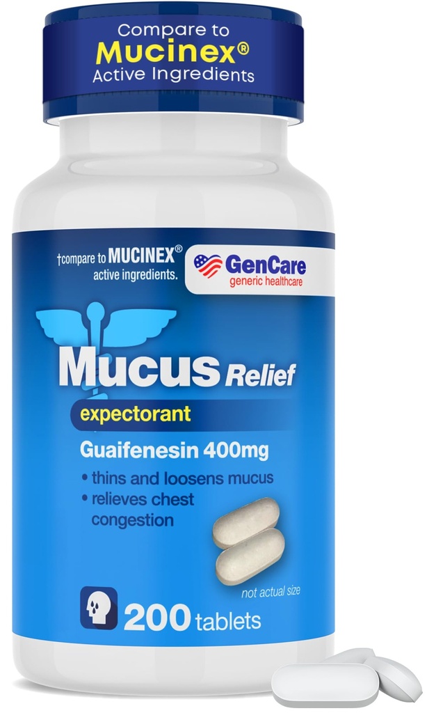 GenCare Mucus Relief Expectorant Guaifenesin 400 mg 200 Tabletten Wert Pack - Fast Acting Thinning of Mucus for Colds, Chest Congestion, Flu, Husten und Allergien
