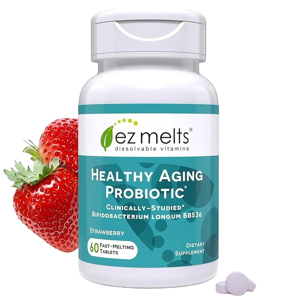 EZ Melts Dissolvable Vieillissement en santé Probiotique, Bifidobacterium Longum BB536 (2 milliards UFC), sans sucre, probiotiques pour les femmes et les hommes 50+, 2-Mois d'approvisionnement - 1 Pack