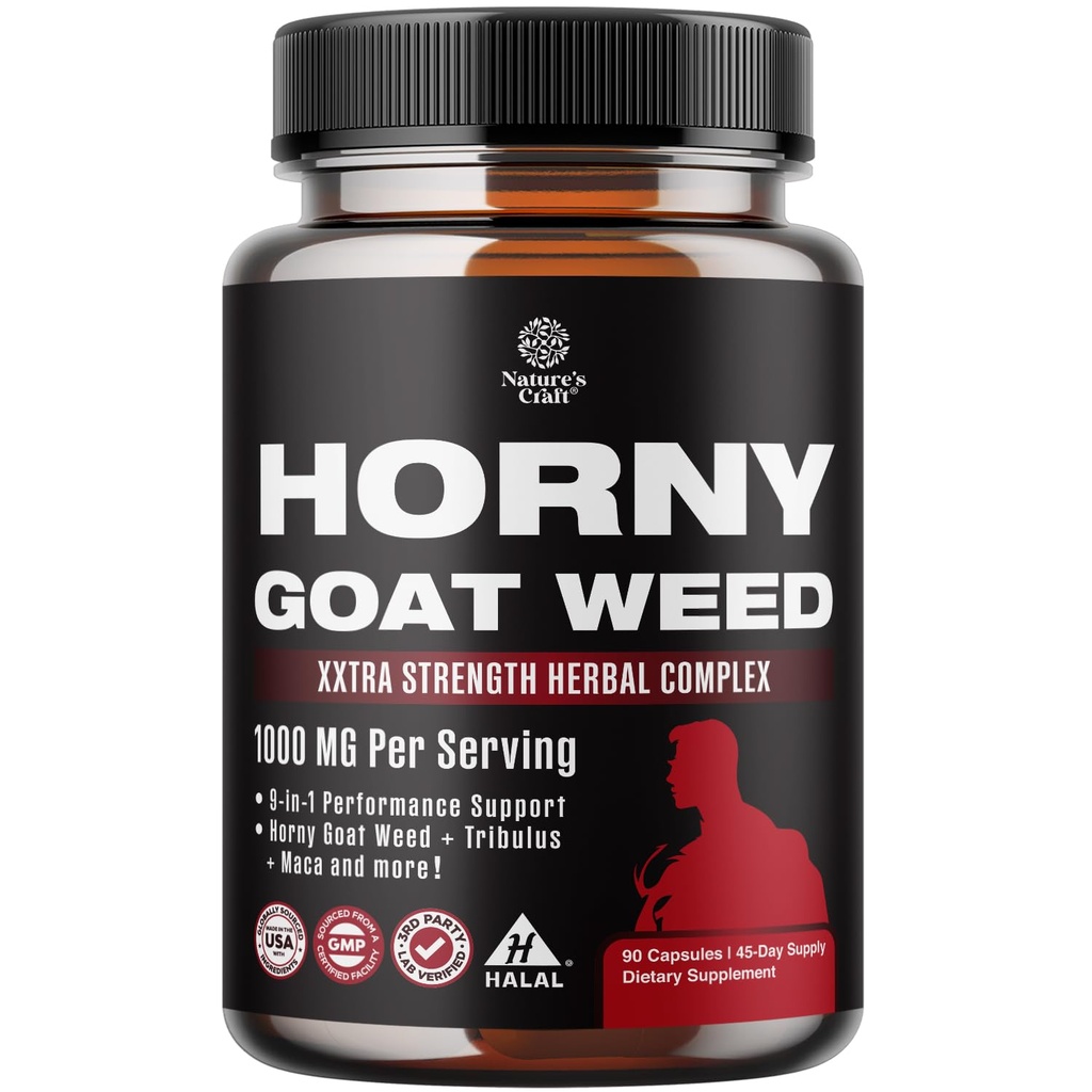 Natures Craft Horny Goat Weed für Herren - Extra Stärke Male Supplement mit Black Maca Root, Tongkat Ali, Saw Palmetto & Panax Ginseng Extract für Stamina & Energy - 90 Kapseln