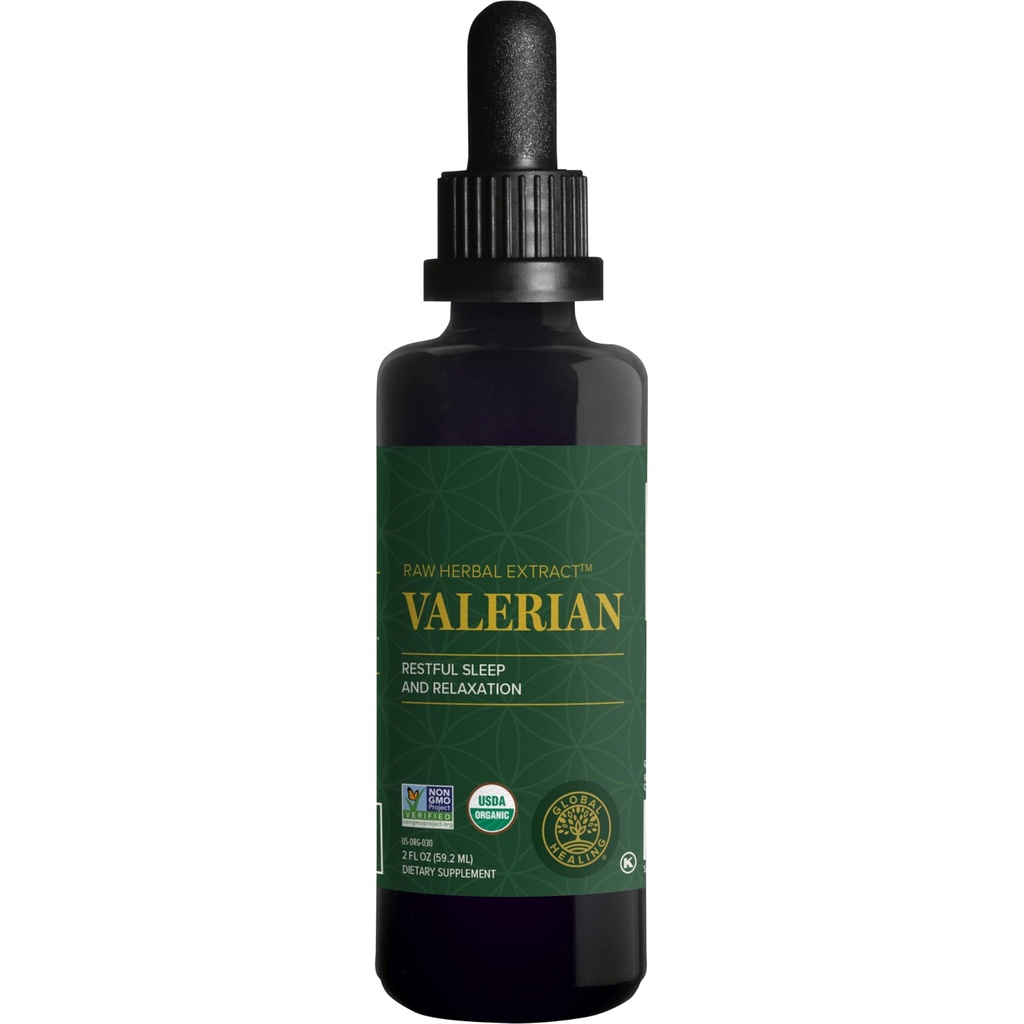 Global Healing Organic Valerian Root Extract Liquid Supplement - Roher Kräuterextrakt für gesunde Entspannung, Schlaf &amp; ruhig -Alternativ zu Valerian Root Capsules for Bioavailability - 2 Fl Oz