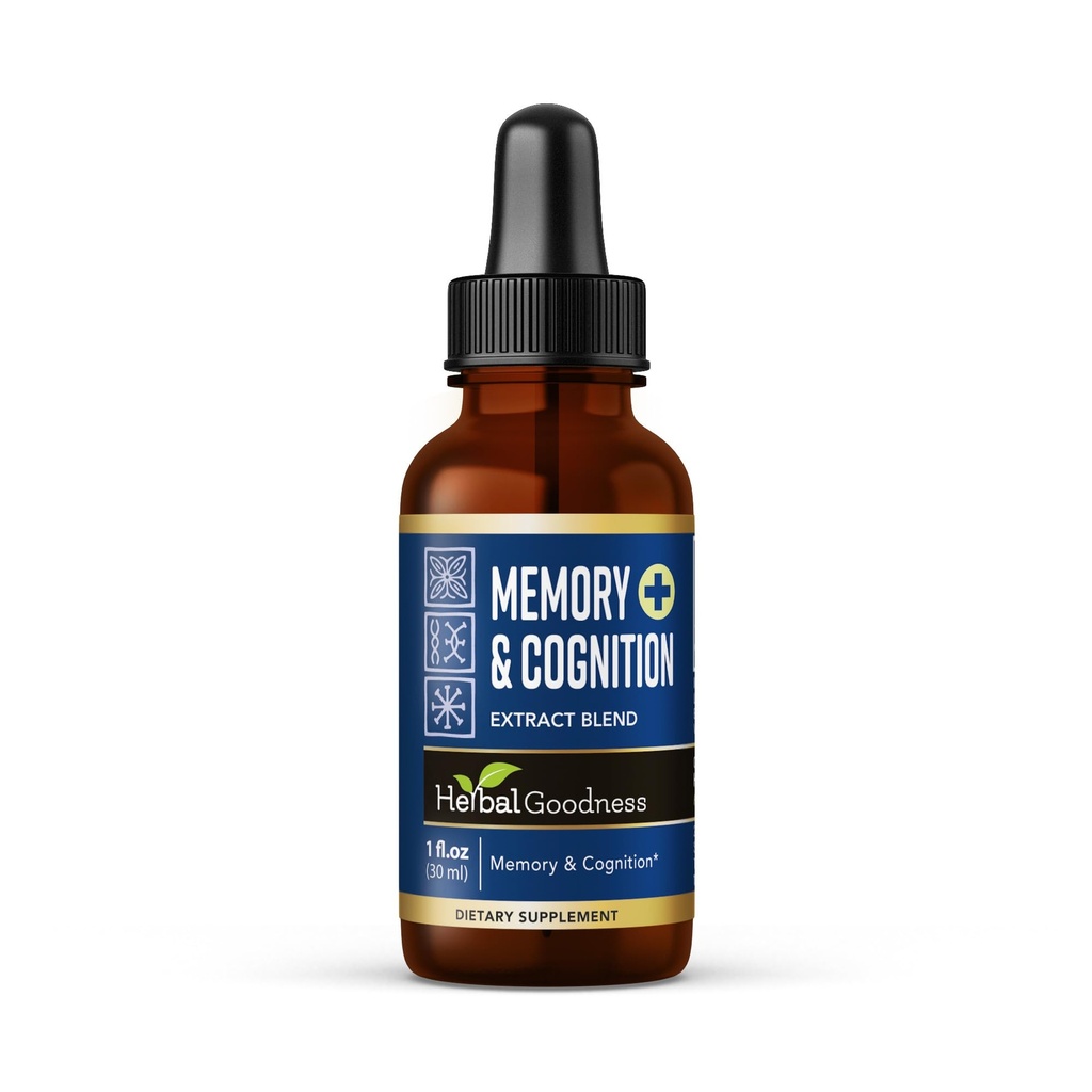 Herbal Goodness Memory & Cognition Liquid Extract 1oz – Aide à la mémoire biologique, Energy Boost, Immune Support, Natural Brain Booster avec Ginkgo Biloba & Bacopa Monnieri