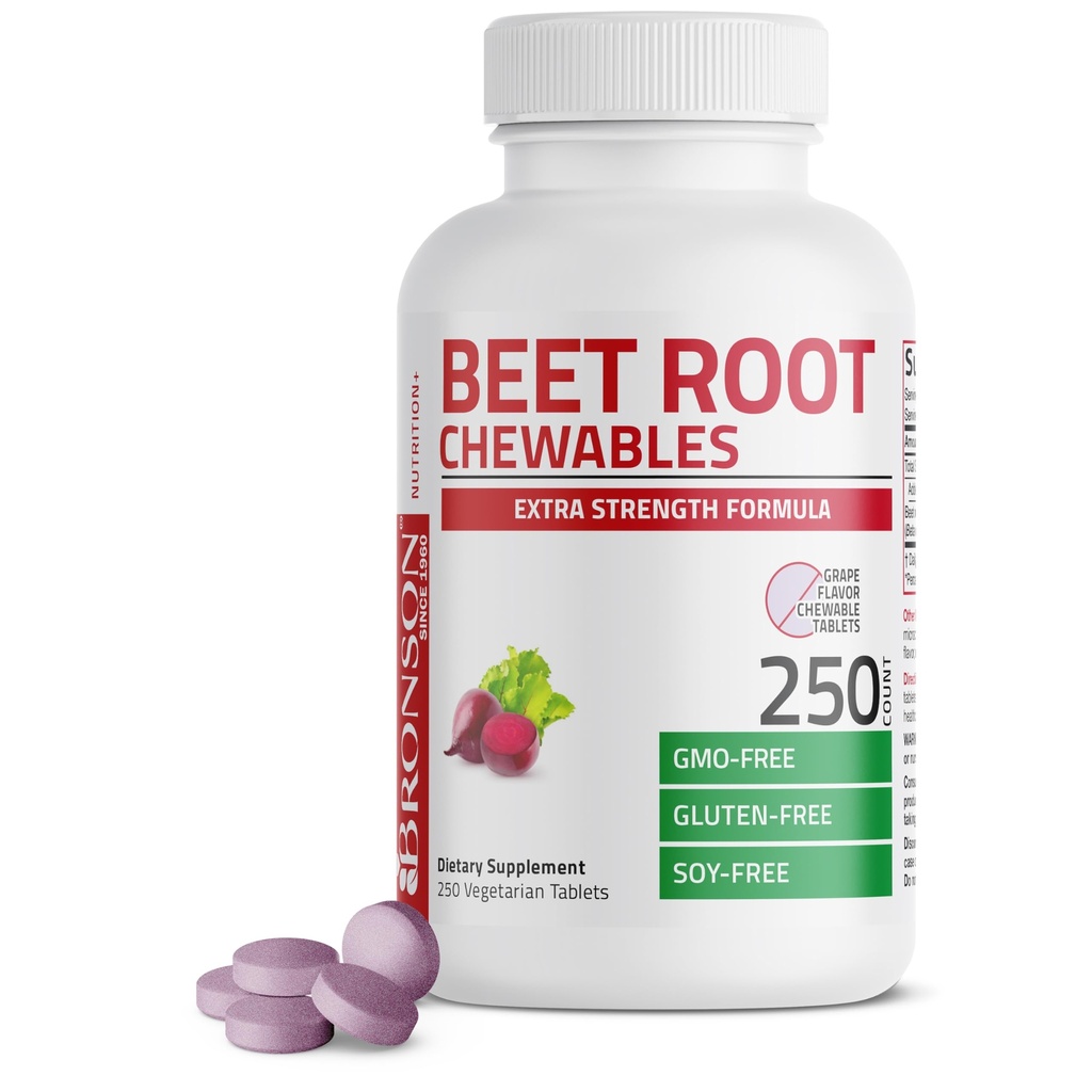 Bronson barbabietola Root Chewables 2000 MG, Uva aromatizzata - Extra Forza 2000 MG Per Serve Circulation Support Heart Health & Stamina, Non-GMO, 250 vegetariano Uva aromatizzata Chewable Tablets