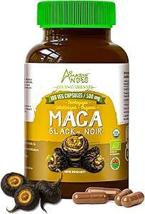 Nero Maca Root Capsule l Organic Vegan Pills l 1500mg per Serving l Salute riproduttiva per gli uomini l Energia Naturale Booster l Adaptogen Funzione l Non OGM e Gluten Free l Andes
