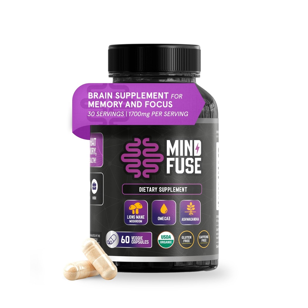 Integratore Nootropic Memory Booster per Adulti - Capsule Mane di Lion con Omega-3, Ashwagandha & L-teanina per Focus & Memory - Capsule senza glutine 60