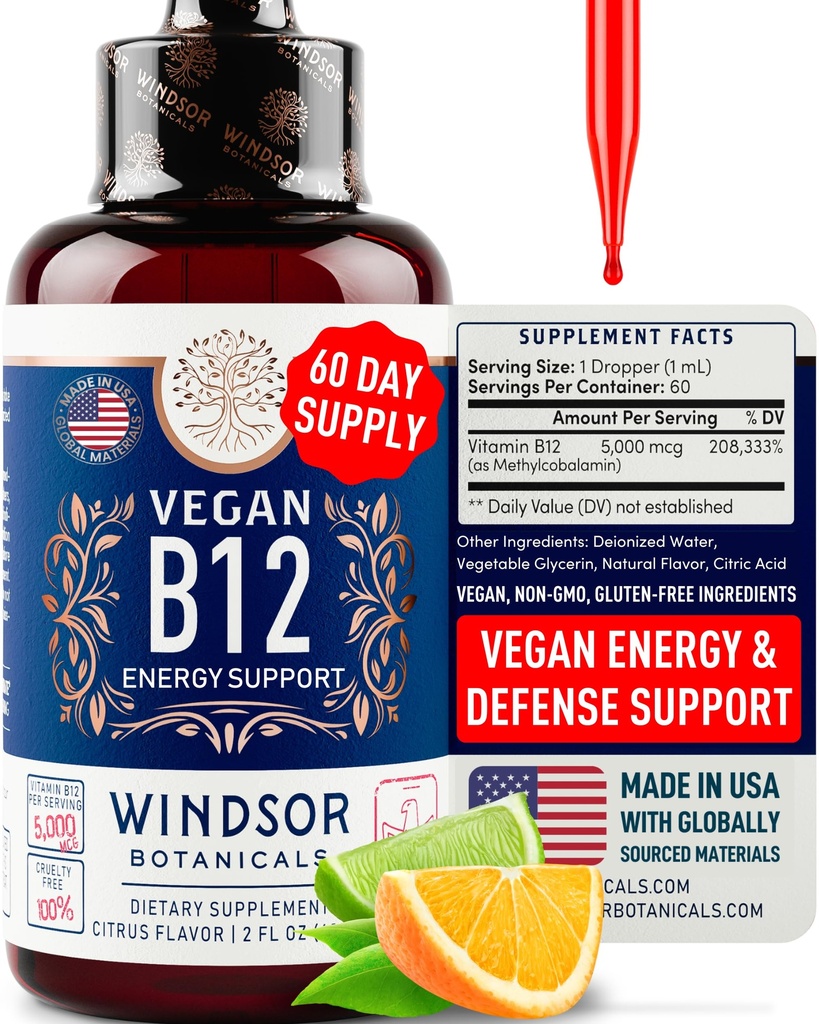 Vegan Vitamin B12 Flüssigkeit - Max Strength Methylcobalamin B12 Sublingual 5000 mcg - Fast Absorbing Supplement für Stimmung, Gedächtnis und Energie Unterstützung - Non-GMO, Gluten-Free, Citrus Flavor B 12 Tropfen, 2oz