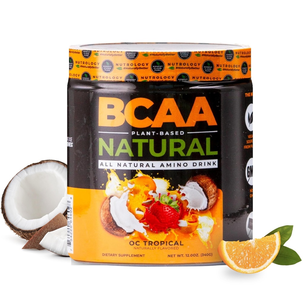 Nutrologie BCAA Natural - Pflanzenbasiertes BCAA-Pulver, Orange Kokosnuss Geschmack, Optimiert 2:1:1 Ratio Aminosäuren Pulver für Pre Workout & Post Workout Erholung, Vegan, Glutenfrei, Non-GMO, 30 Servierungen