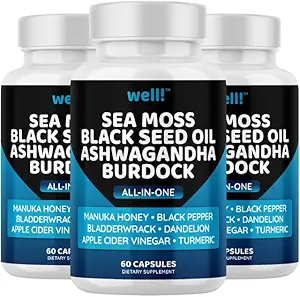 Sea Moss 3000, Black Seed Oil 2000, Ashwagandha 1000, Bladderwrack, Maca Turmeric - Manuka Honey, Dandelion & Black Pepper, Super Antiossidanti Supplemento,180