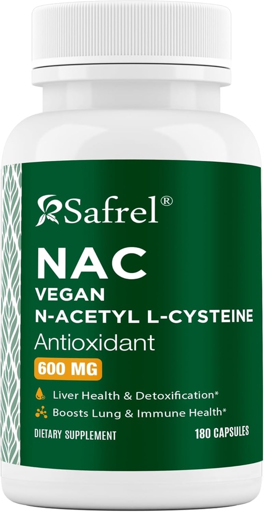 Safrel N-Acetyl-L-Cysteine (NAC) Capsule, 600mg, 180 Count, Respiratorio, Immune, Liver Health Potent antiossidante Supporto, Free-radicals, Facile da assorbire, Non-GMO, Gluten Free