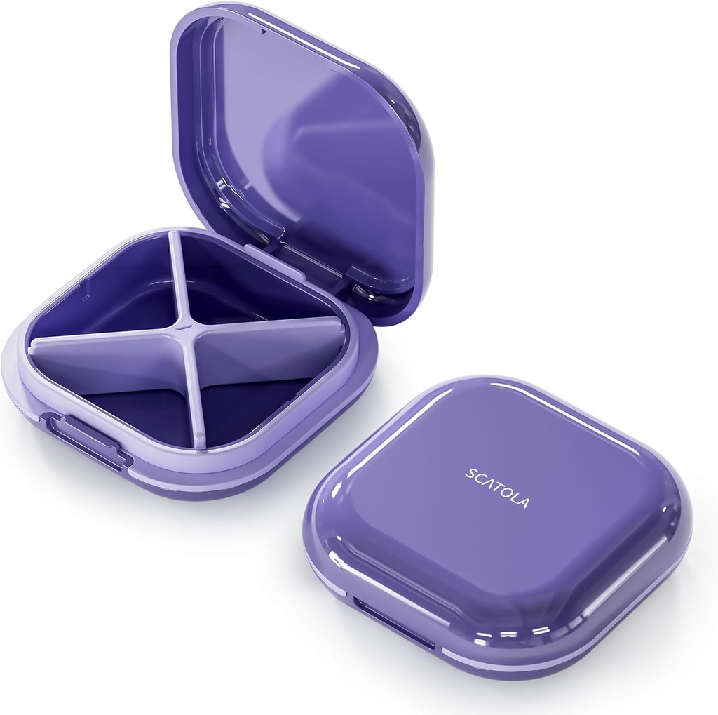 Small Pill Case, Travel Pill Box, Portable Pill Organizer, Pille Container für Tasche 4 Komponenten, Tägliche Kompakte Reisemedizin Halter für Vitamine Medikamente (Purple)