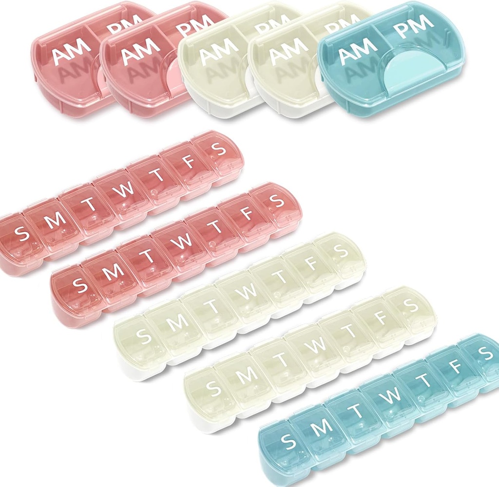 10 Pack (Weekly & Daily), 2 volte al giorno (AM/PM) + 7-Day Pill Organizer, Vitamin Planner, Large Capacity, Travel Pill Case for Medicine/Vitamins/Fish Oils/Supplements, Pink/White/Blue