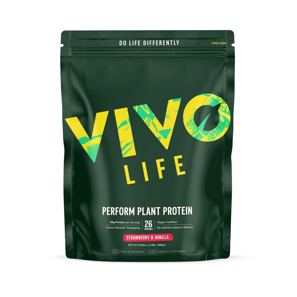 Vivo life Perform Plant Protein Powder - Pea & Hemp Protein Blend mit BCAA (34.85 Unze, Erdbeere & Vanille)