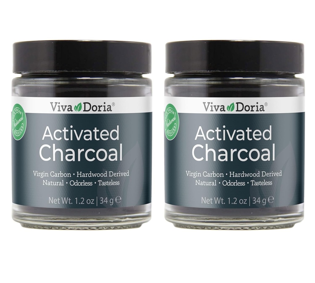 Viva Doria en poudre de charbon activé, dérivé de bois franc, qualité alimentaire, pot en verre de 1,2 oz (2 paquets)