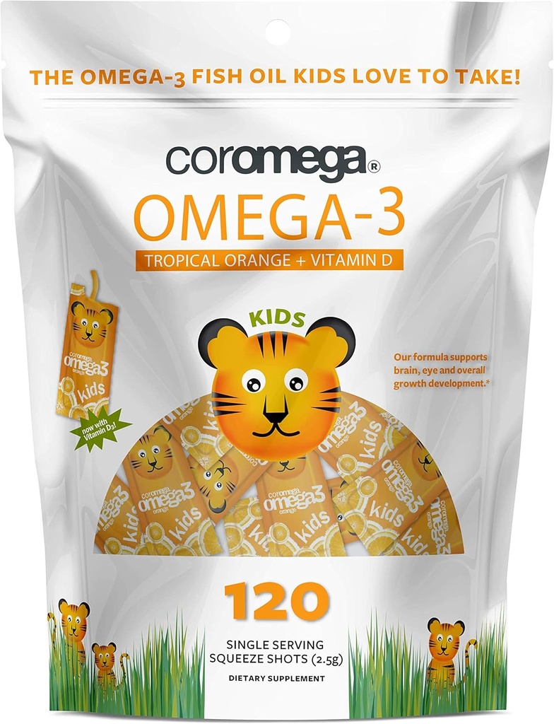 Coromega Kids Omega 3 Supplément à l'huile de poisson, 650mg de Omega-3s, Orange Tropical + Vitamine D, 120 Paquets à coupe unique