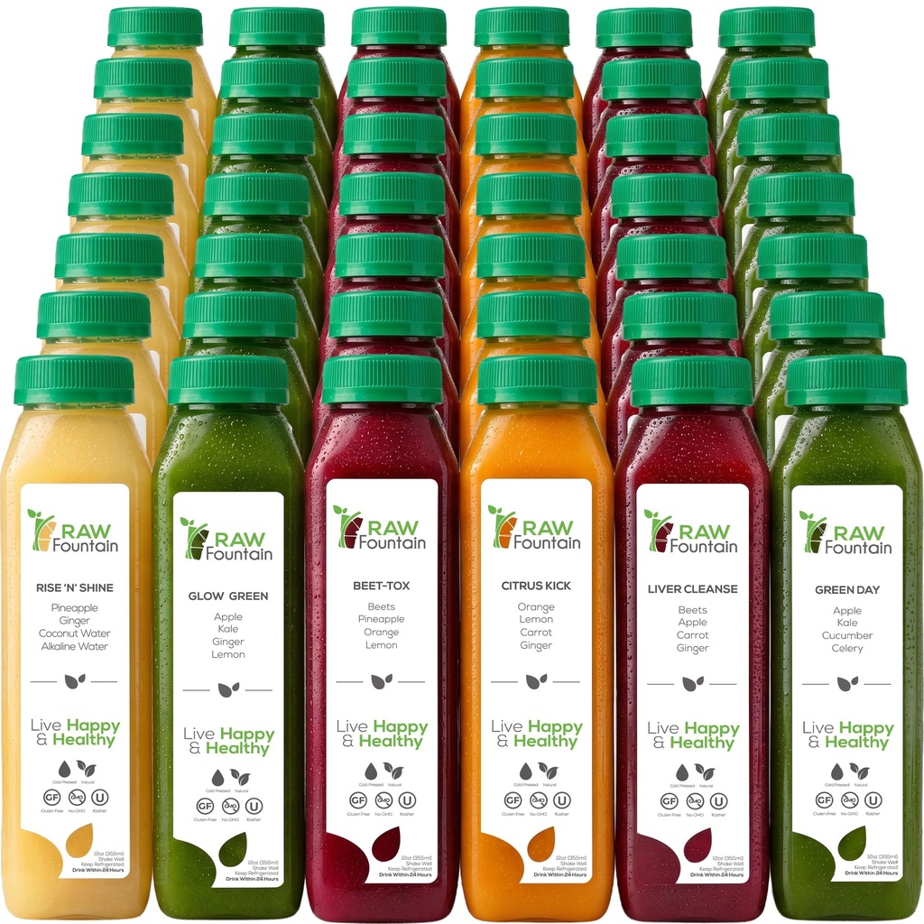7 Day Juice Cleanse by Raw Fountain, All Natural Raw Detox Cleanse, Juicing for Body Rest, Kaltgepresster Saft Fast, Great Way to Jumpstart a Healthy Diet, 42 Bottle 12oz, 7 Ingwer Shots