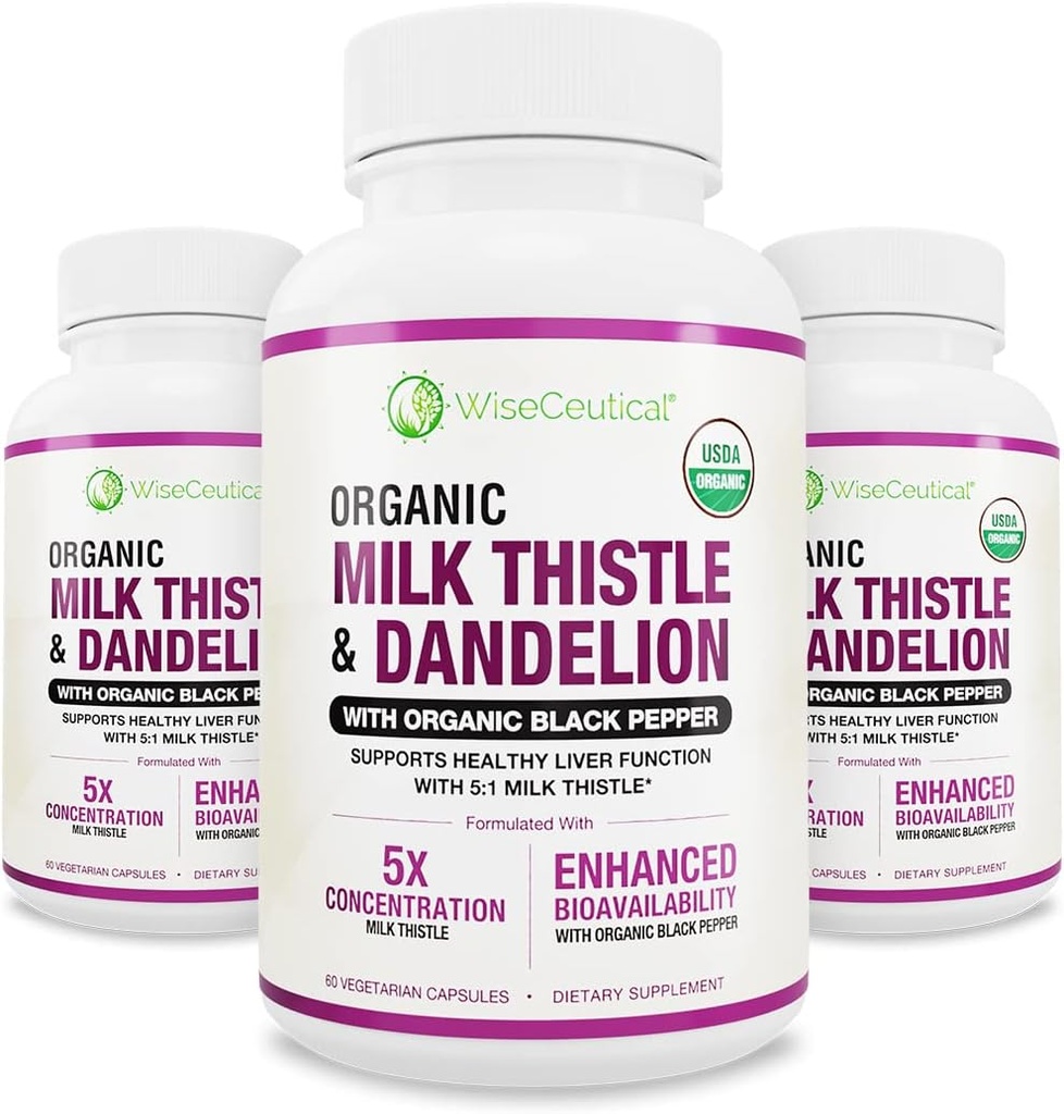 Max Absorption USDA Bio Milchdistel Potent 5:1 Konzentrierter Extrakt (2000 mg Stärke) & Organic Dandelion Root | Silymarin Antioxidant Flavonoid | Leberunterstützungsergänzung (60 Count (Pack mit 3))