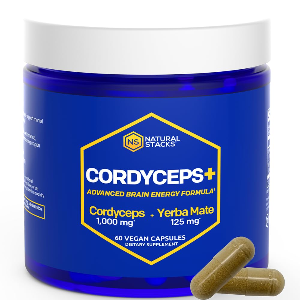 Cordyceps Mushroom Capsules - 1000mg Cordyceps Extract & 125mg Yerba Mate Extract - 100% Fruiting Body Mushroom Supplement - Supporta l'energia cerebrale & Cognitive Performance - 60 Yerba Mate Capsule