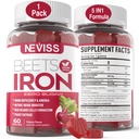 Beet Root Gummis mit Eisen, Methyl B12, Folat, Vitamin C - Erhöhen Sie Nitric Oxide & Iron Levels, Energieunterstützung, Kampf Fatigue, Beetroot & Gentle Iron Supplement, Zuckerfrei, 60 Zähler