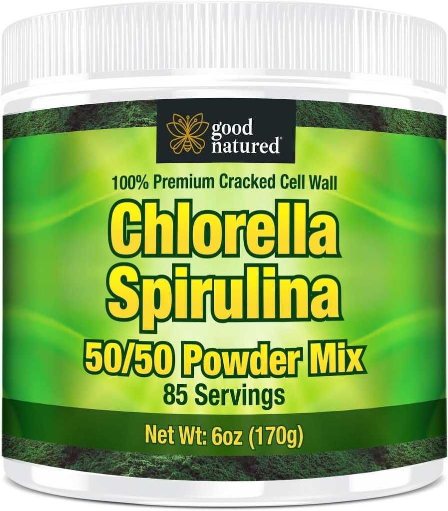 Gute Natured Premium Chlorella Spirulina Pulver | 85 Servierungen | Non-GMO | Sonnenlicht Grown | Deep Green Farbe | Gecrackte Zellwand | Alkalyzing | High Protein | Vegan Organic Capsules | Bergwasser