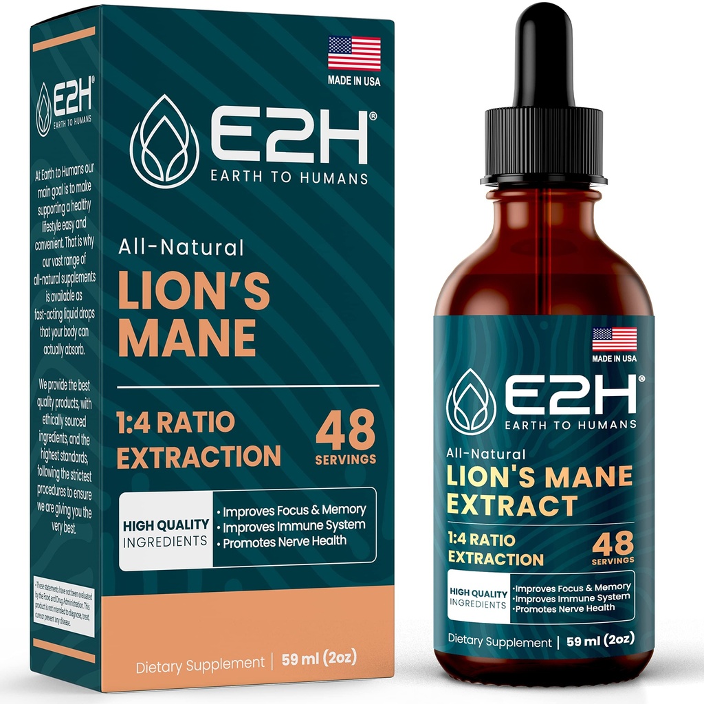Lions Mane - Lions Mane Supplement - Promotes Mental Clarity, Memory & Focus - Lions Mane Liquid für Immununterstützung - Pilz-Tinktur - 2 Fl Oz von E2H