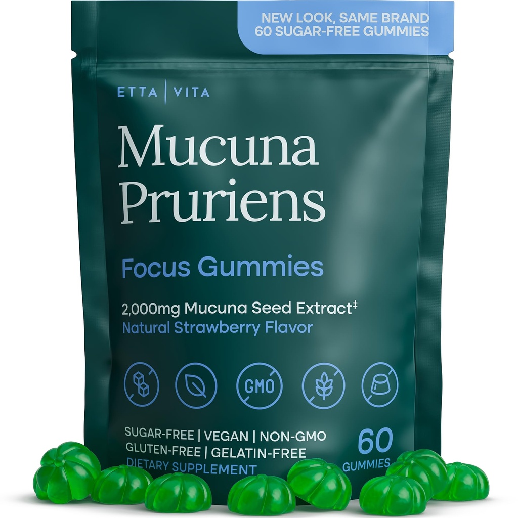 Dopamin-Ergänzung - Zuckerfreie Mucuna Pruriens Gummi (2g/servierend) Energie & Fokus Gummi - Potent Mucuna Pruriens Extrakt-Ergänzung für ruhige Stimmung und Motivation, Vegan, Non-GMO, Gluten-Free, 60ct